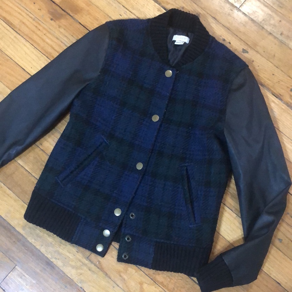 J. Crew wool plaid and faux leather bomber jacket - Picture 3 of 10